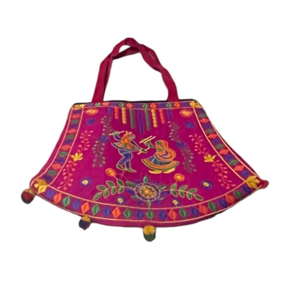 Indian Handmade Embroidered Handbag, Hot Pink